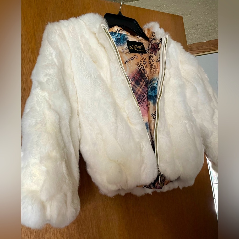 White Mink Hooded coat; Fits youth size 6-8. Waist Length.